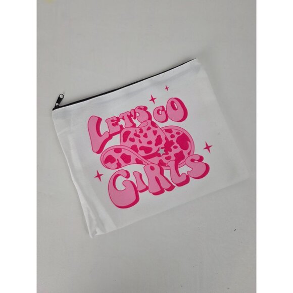 Lets Go Girls White Zippered Pouch With Pink Cowgirl Hat Rodeo Princess - Picture 1 of 6